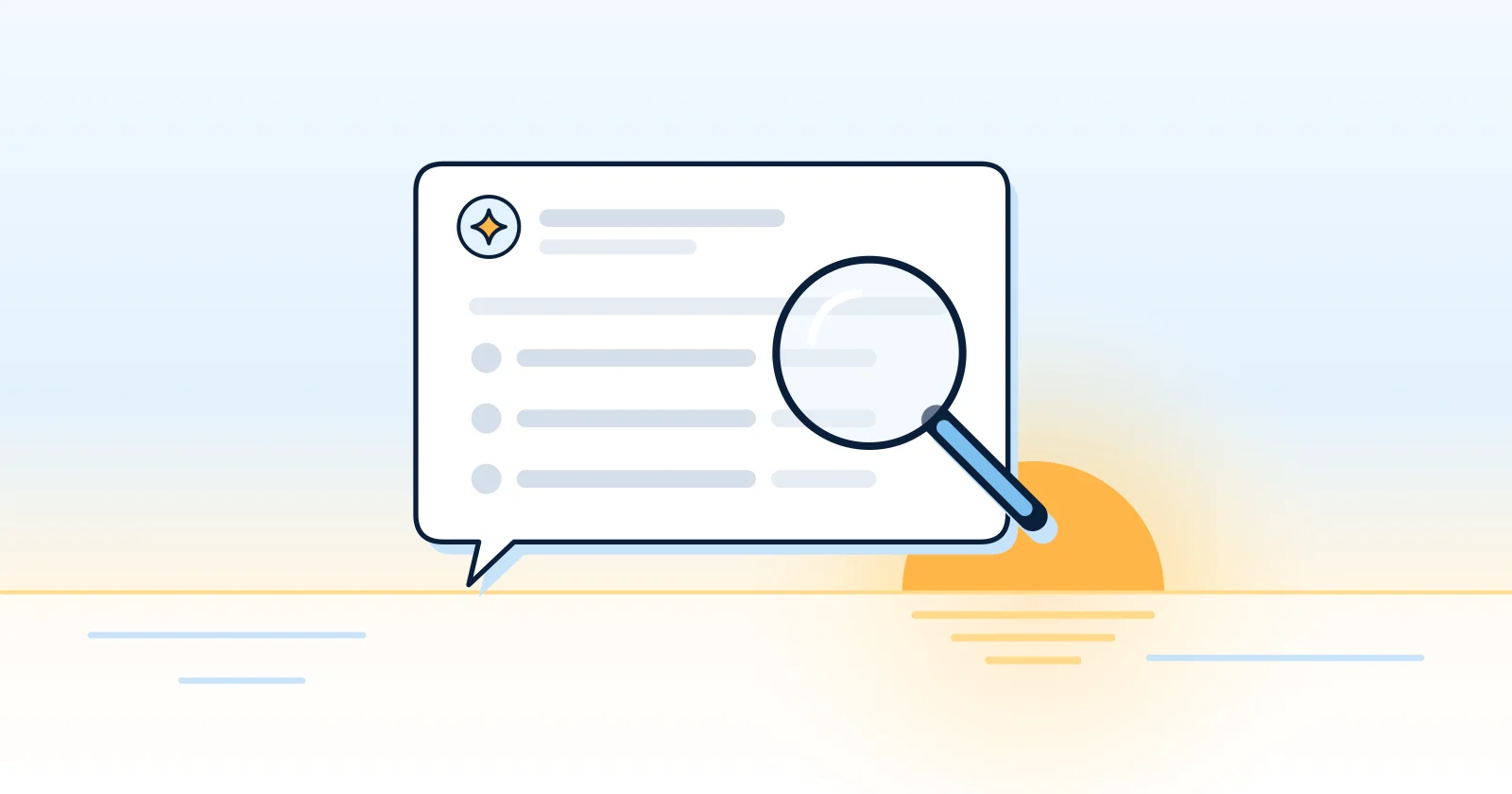 Illustration: a single chat bubble with a magnifying glass over it, resting on a horizon with a sun rising behind.