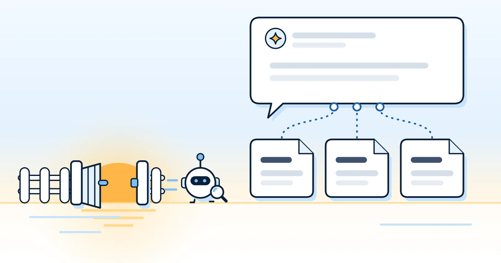 Illustration: a search crawler stepping through an open gate toward a row of source pages that feed one AI answer card, with a rising sun on the horizon.