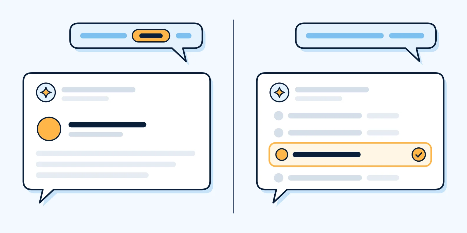 Diagram: on the left, a question that includes a business's name gets an answer about that business alone. On the right, a question without the name gets an answer listing several businesses, one of them highlighted.