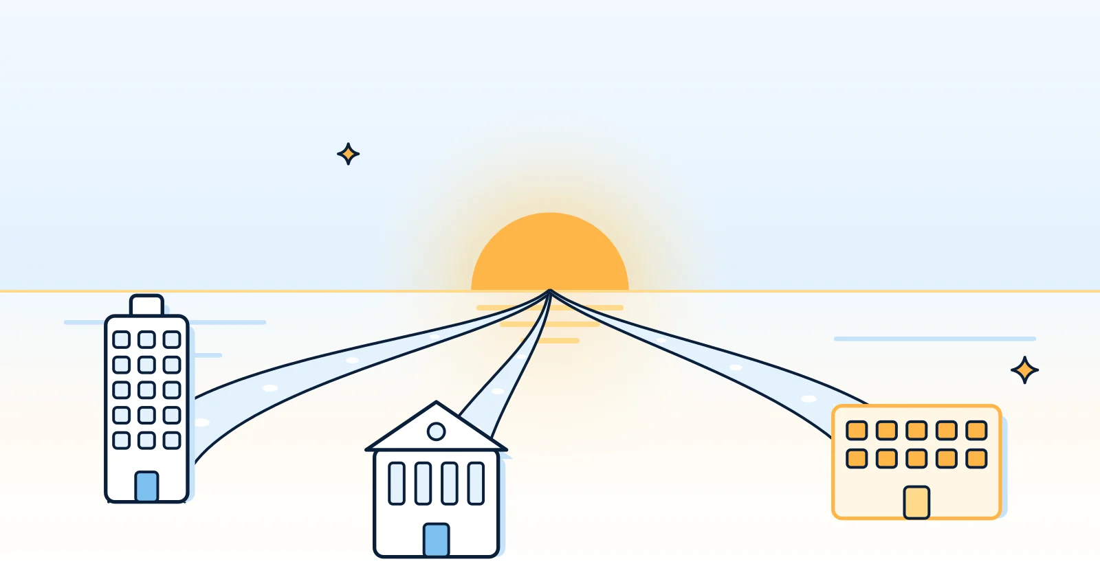 Illustration: three paths leading from one horizon toward three different buildings, with the rising sun above and only one path reaching the gold-lit building.