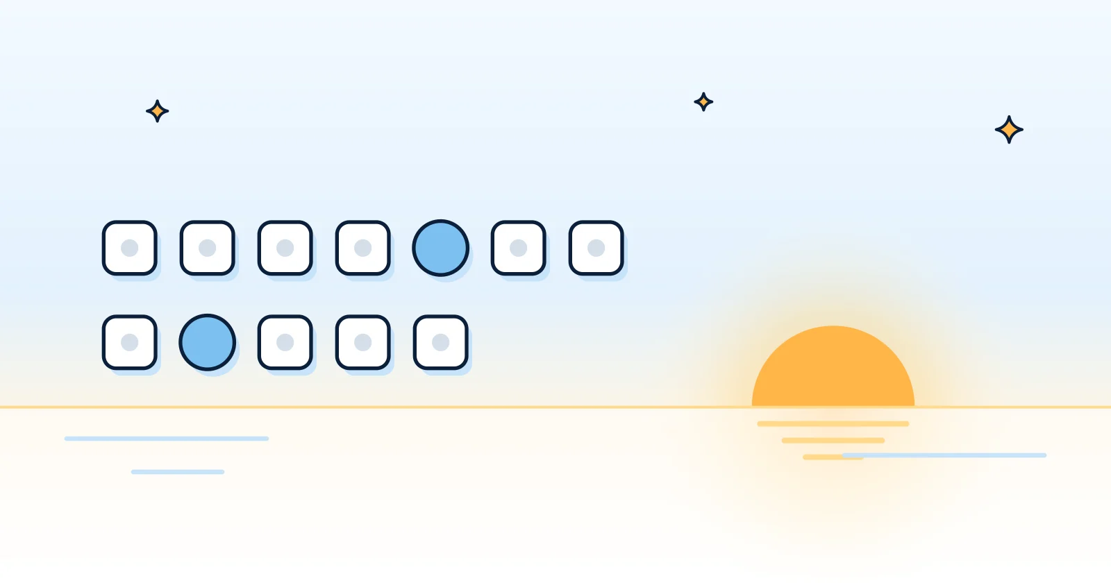 Illustration: two rows of small markers along the horizon under a rising sun, one row shorter than the other, with one marker in each row swapped for a different shape.
