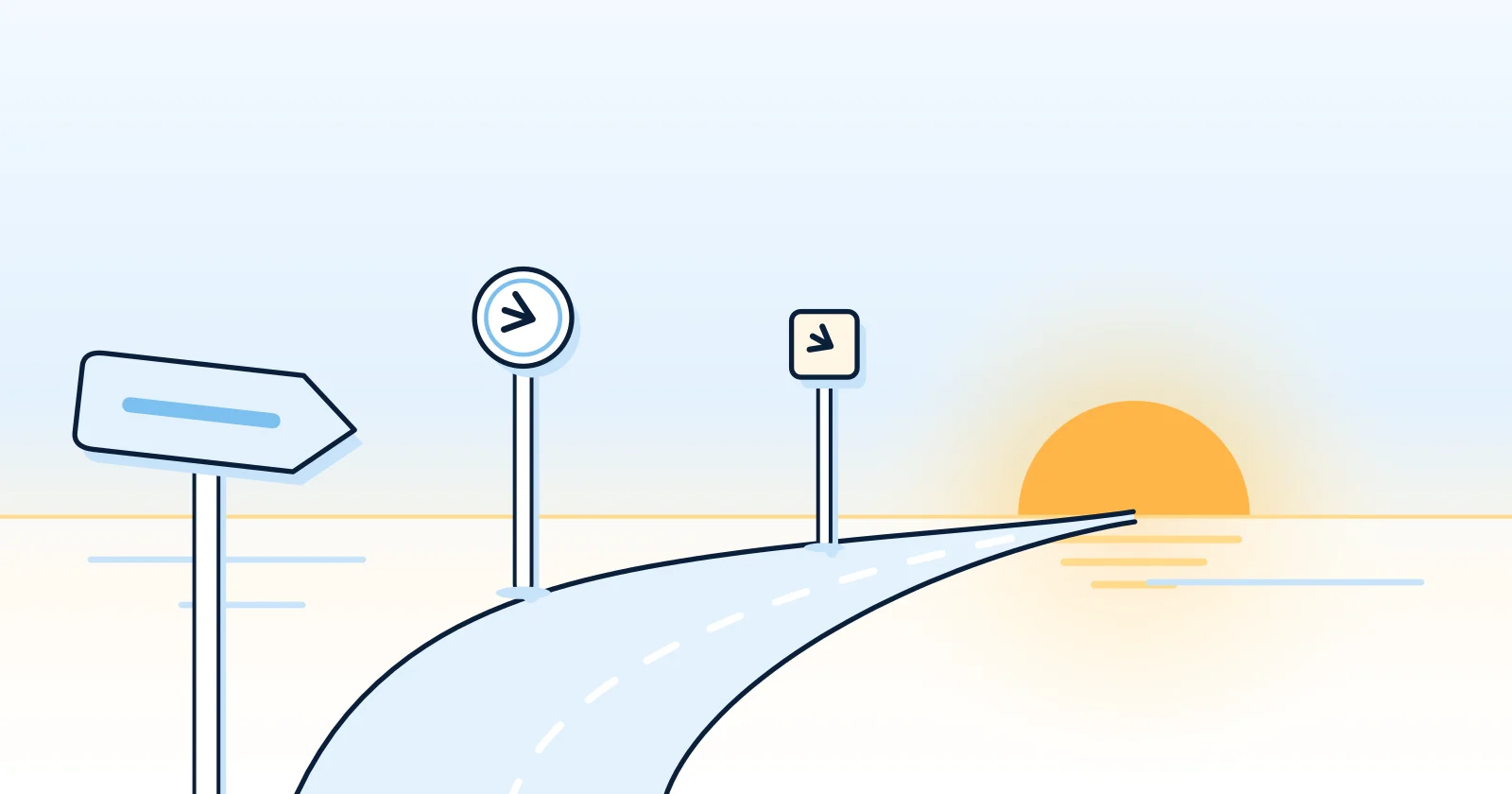 Illustration: three differently shaped signposts along one path, all pointing toward the same sun rising on the horizon.