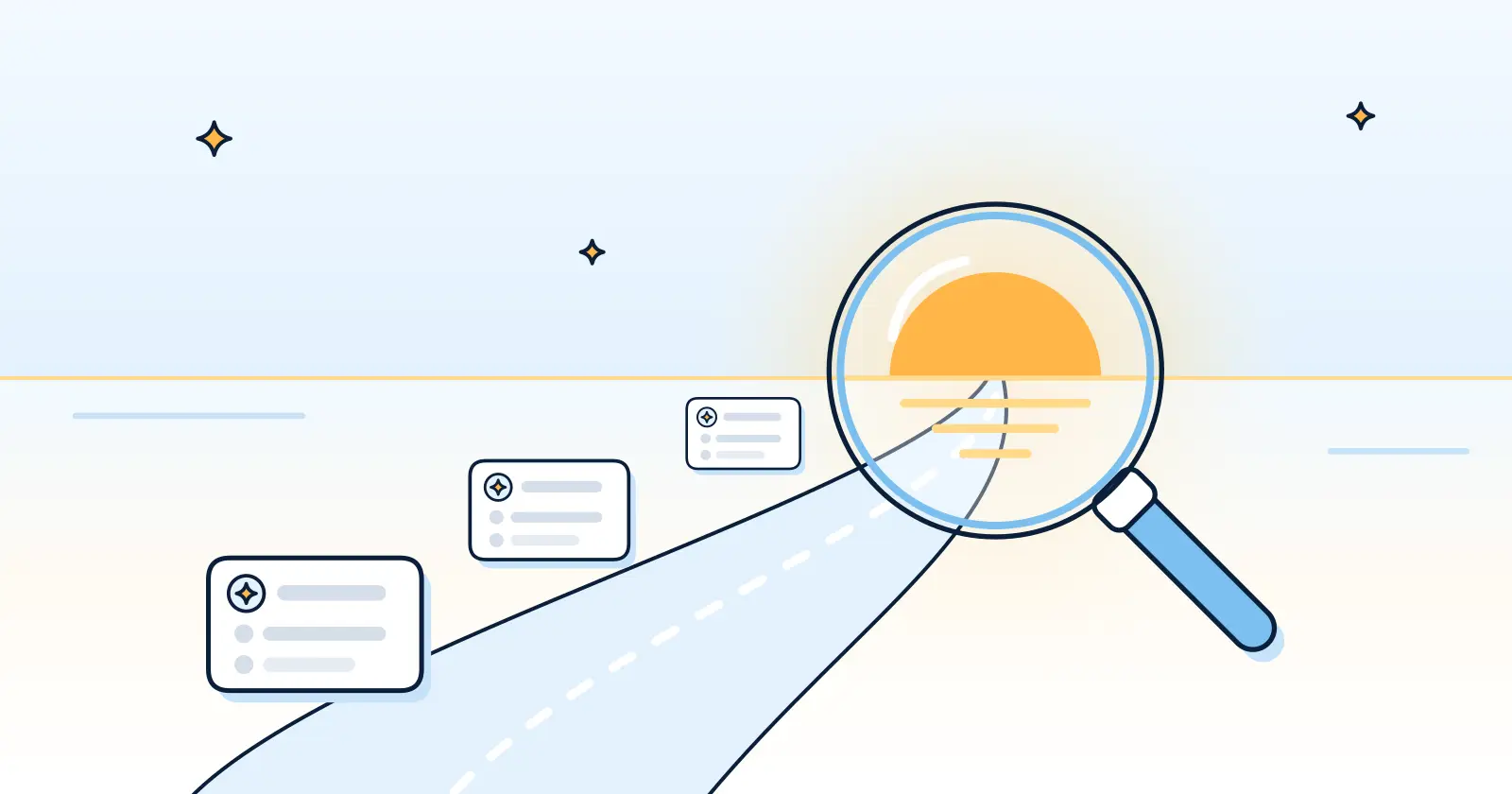 Illustration: a magnifying glass held over a horizon path, with the rising sun inside the lens and a row of small answer cards along the path.