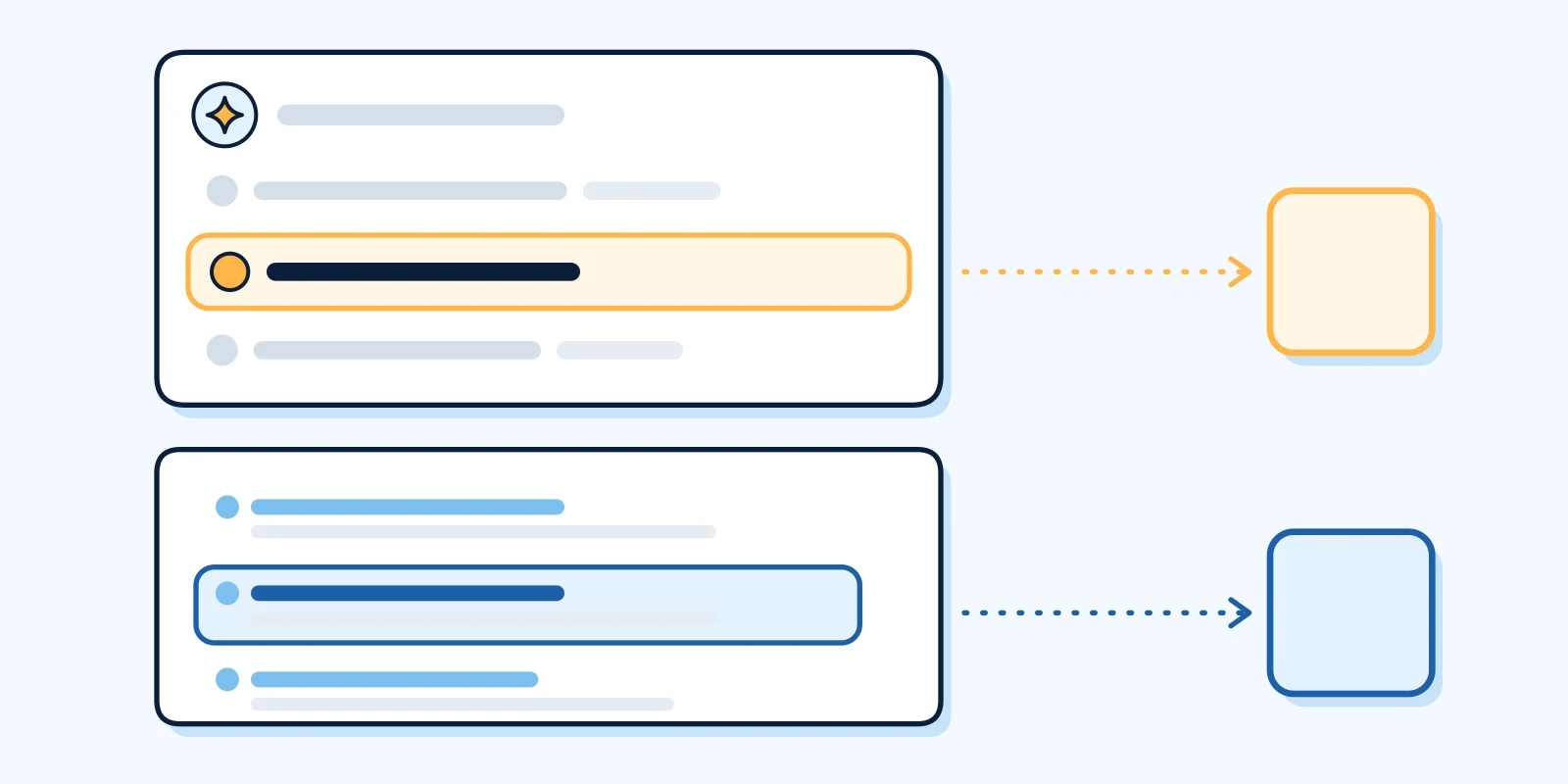 Diagram: one answer card with a short list of lines and one line marked. Below it is a stack of source links with one link marked. Two separate empty boxes sit to the right, one for each mark.