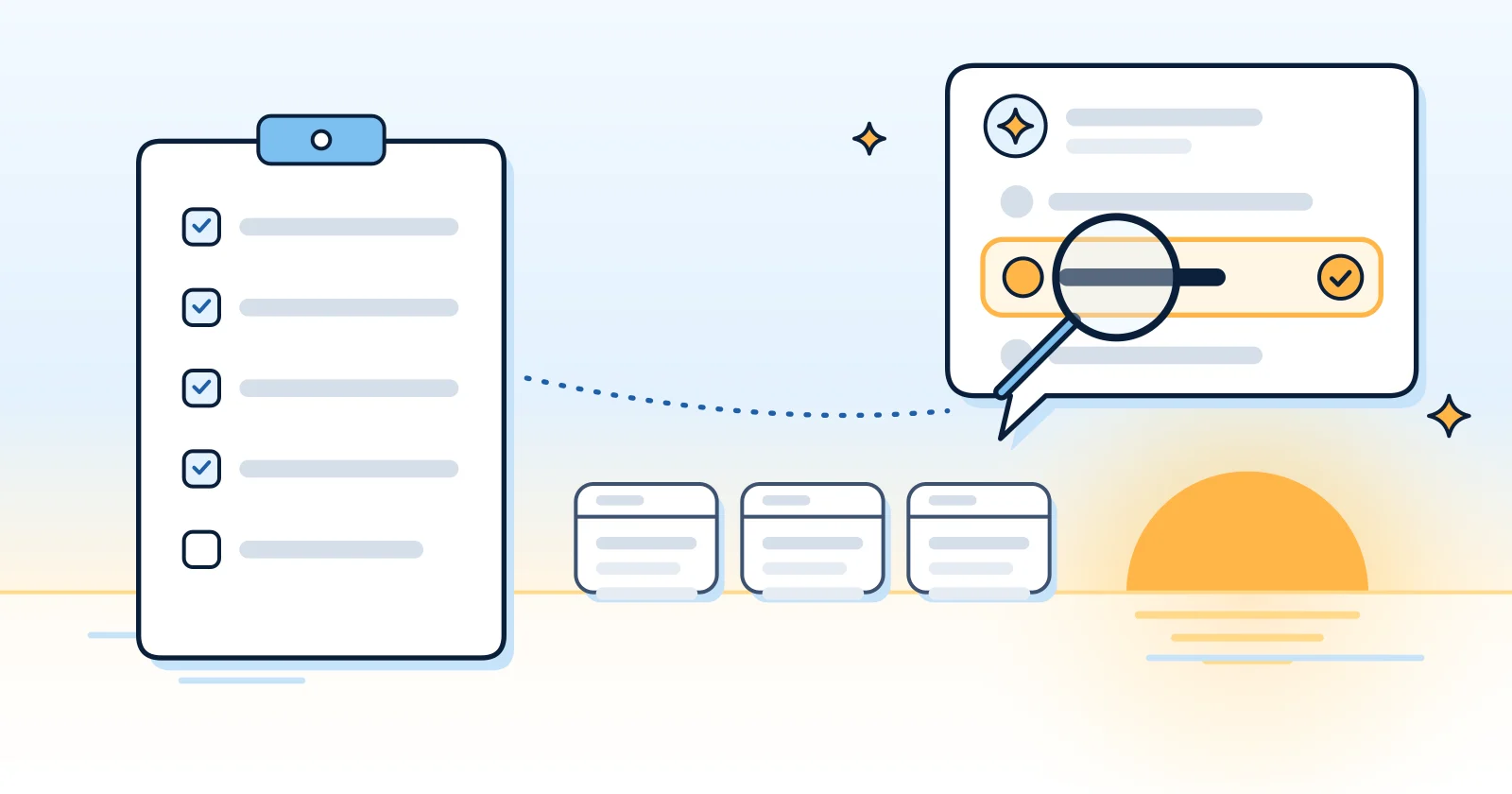 Illustration: a checklist held up beside three plain tool cards, with a magnifying glass on an AI answer that names one business.