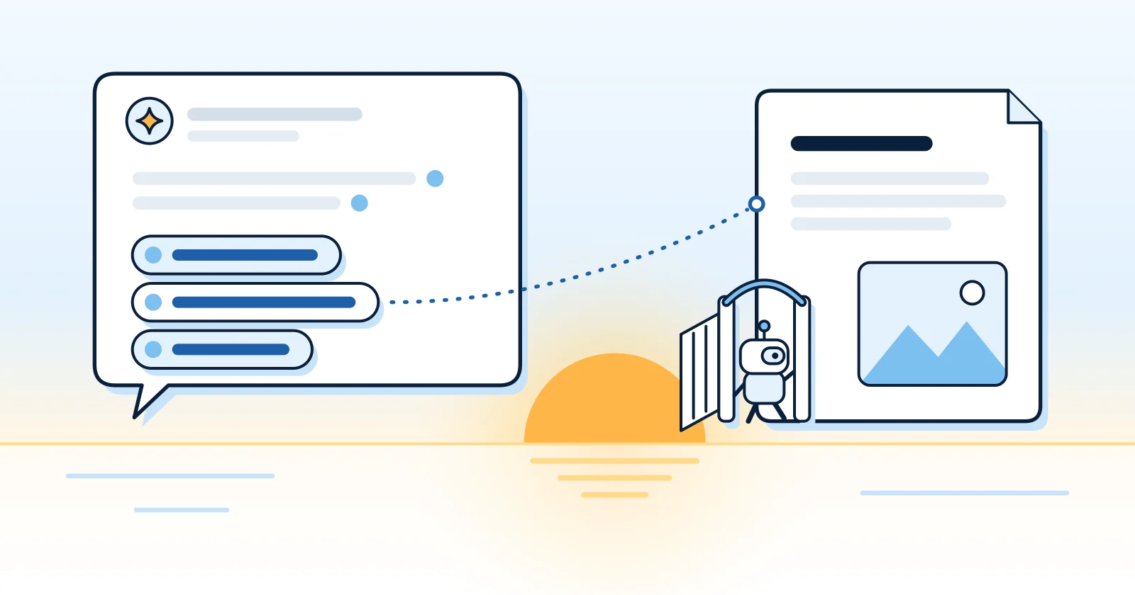 Illustration: an AI answer card linked to a stack of source pages, with a small crawler walking through an open gate into a website.