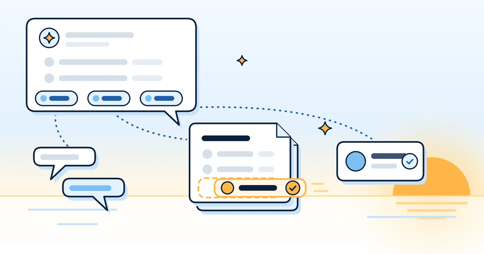 Illustration: an answer with three source links, each leading to a different kind of page; on one page a business is being added to the list, with a sun rising on the horizon behind.
