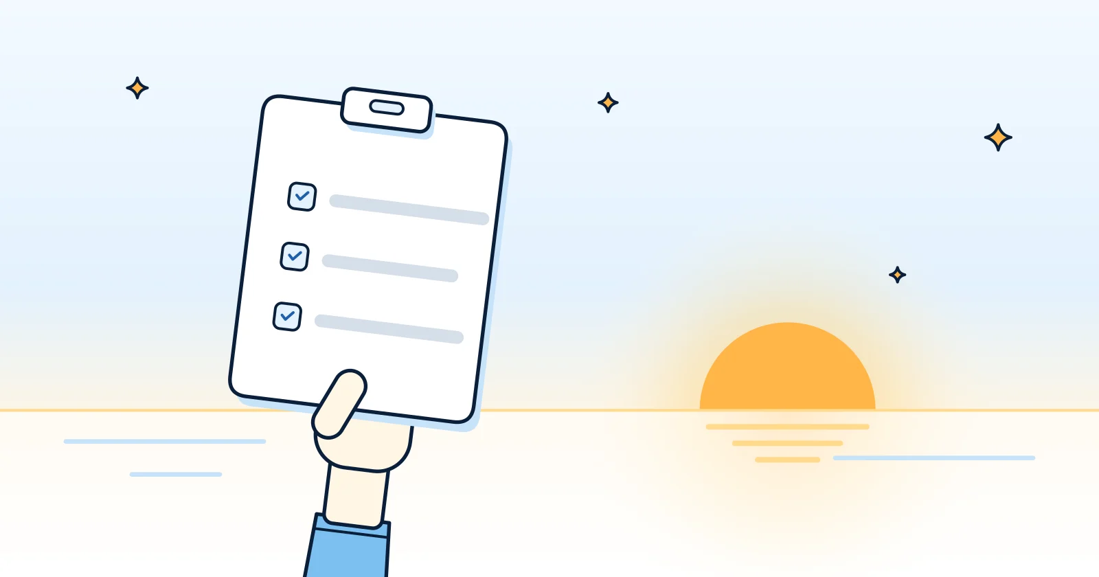 Illustration: a checklist with three ticked lines held up toward the sun rising on the horizon.