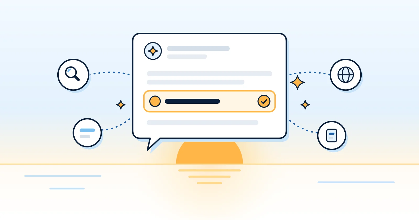 Illustration: a search, a link and a web page feed into one AI answer that highlights a single named business.