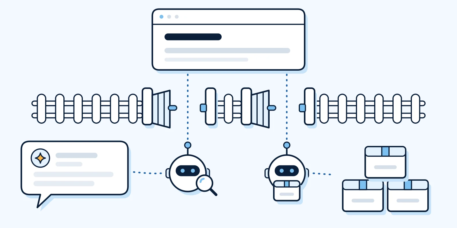 Diagram: two crawlers arrive at a website's gate. One, with a magnifying glass, passes through to an AI answer. The other, carrying a box, goes to storage. Each has its own latch.